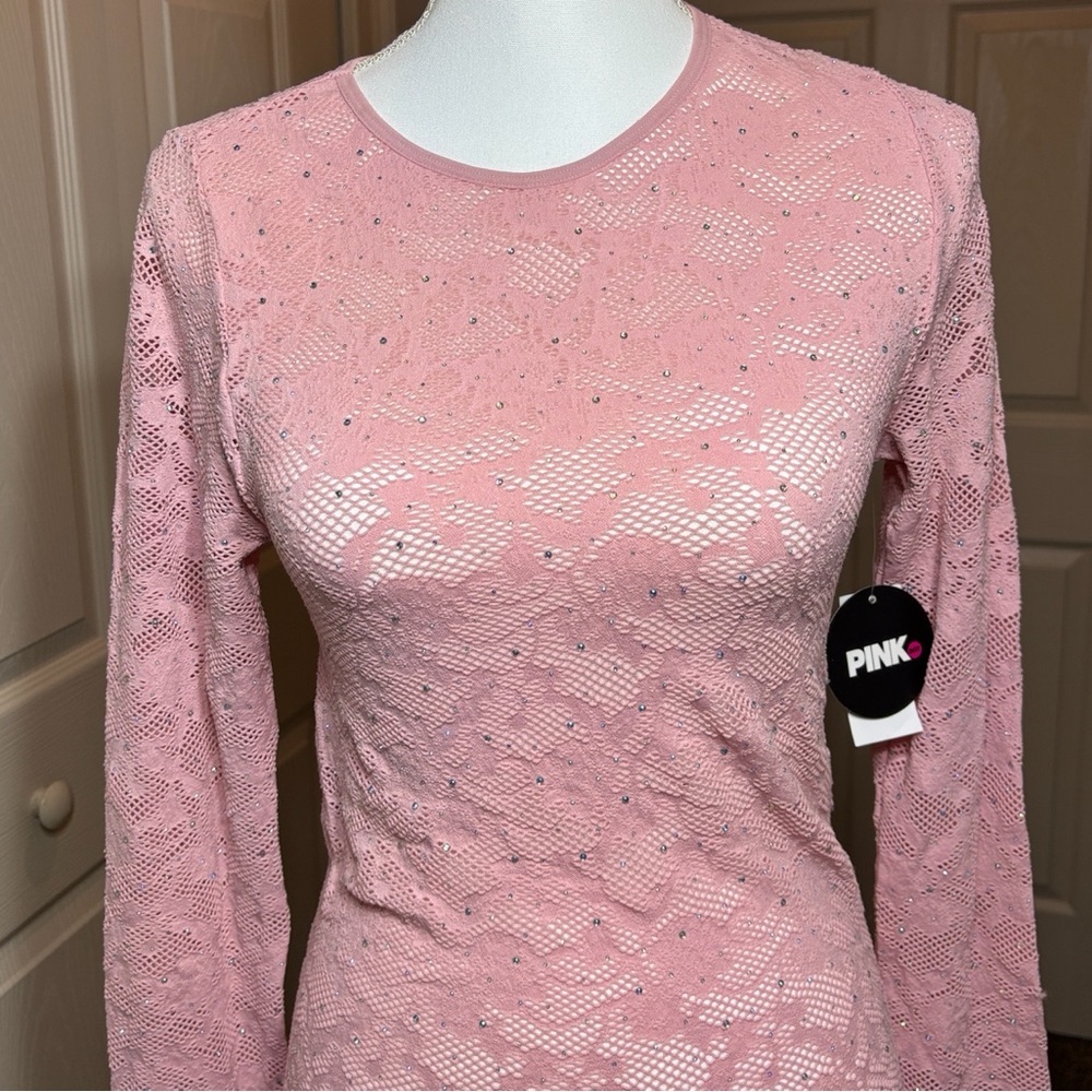 “Pink Dot” Rhinestone Embellished Mesh-like Top in pink. NWT Size Large - Picture 2 of 6